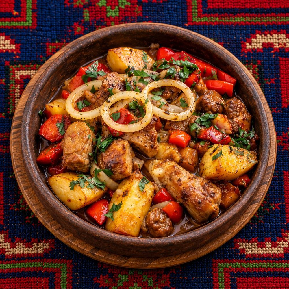 Odjakhuri : viande, pommes de terre, poivrons et oignons dans un plat en terre
